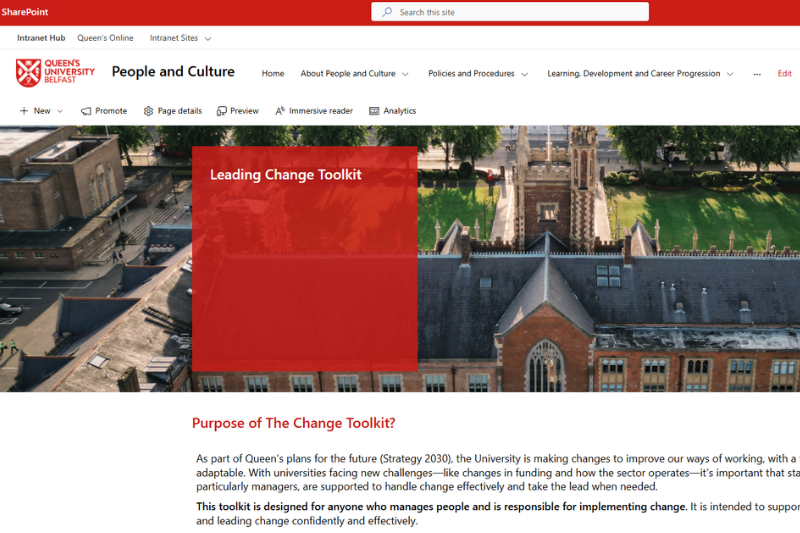 screenshot of the Leading Change Toolkitlanding page showing the roof of the Lanyon building over looking the university's vibrant green front lawn
